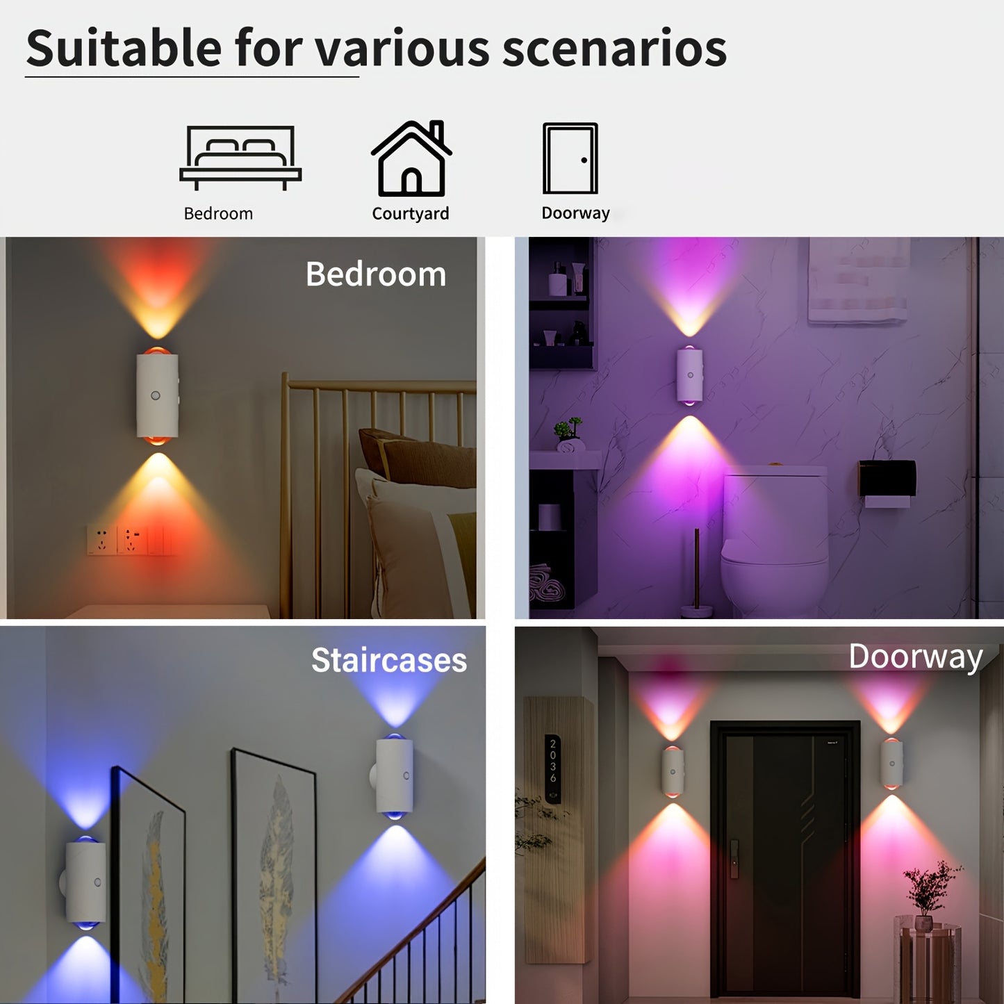 Smart LED night light with motion sensor, RGB dimmable wall lamp, USB rechargeable. Magnetic step lamp for various uses. Infrared wireless, ≤36V, non-waterproof, 1500mAh battery.