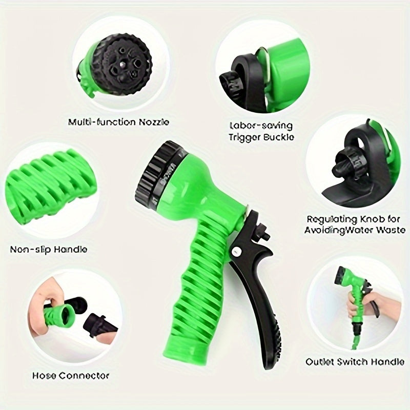 Flexible green garden hose set with high-pressure nozzle and connector for various outdoor uses such as watering, car wash, and pet cleaning. Available in lengths of 22.86m, 30.48m, and