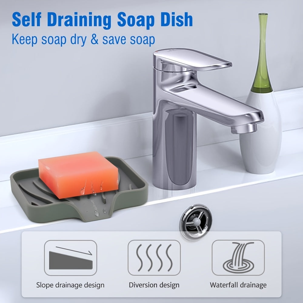 Silicone soap dish with self-draining design for countertop or sink storage in bathroom.