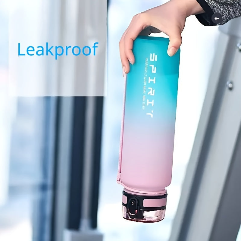 650ml/1000ml portable water bottle with leakproof gradient design, perfect for outdoor activities and travel. Made of PVC-free plastic and has a round shape.