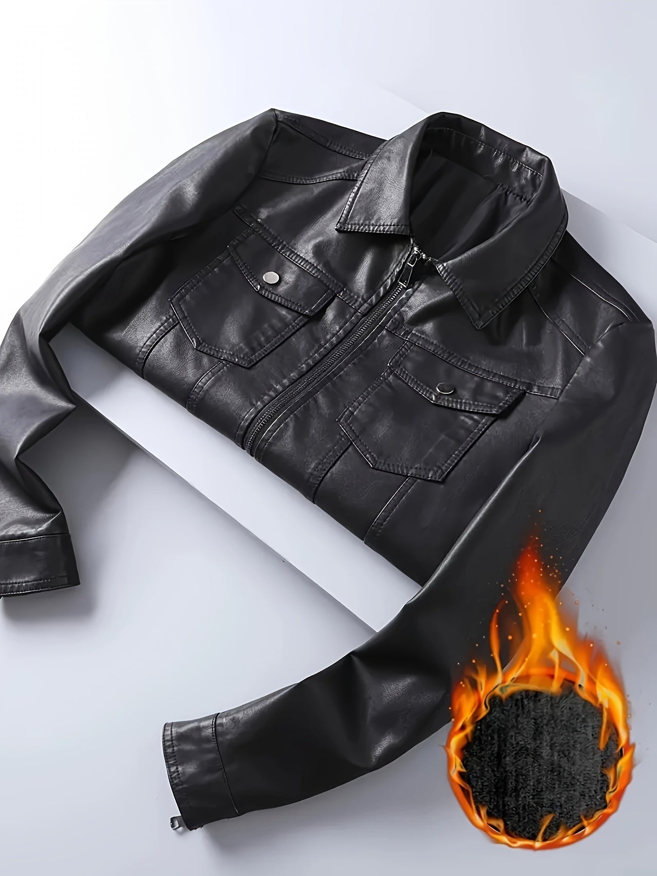 Men's Black Jacket with Fleece Lining - Zip-Up Collared Jacket for Fall and Winter