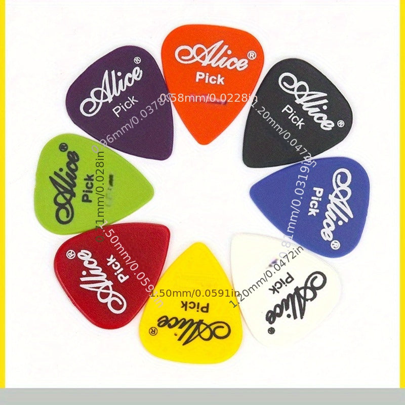 Alice Guitar Pick Set: 20pcs with various colors and thickness ranging from 0.58 to 1.5mm. Suitable for acoustic, electric, and bass guitars.