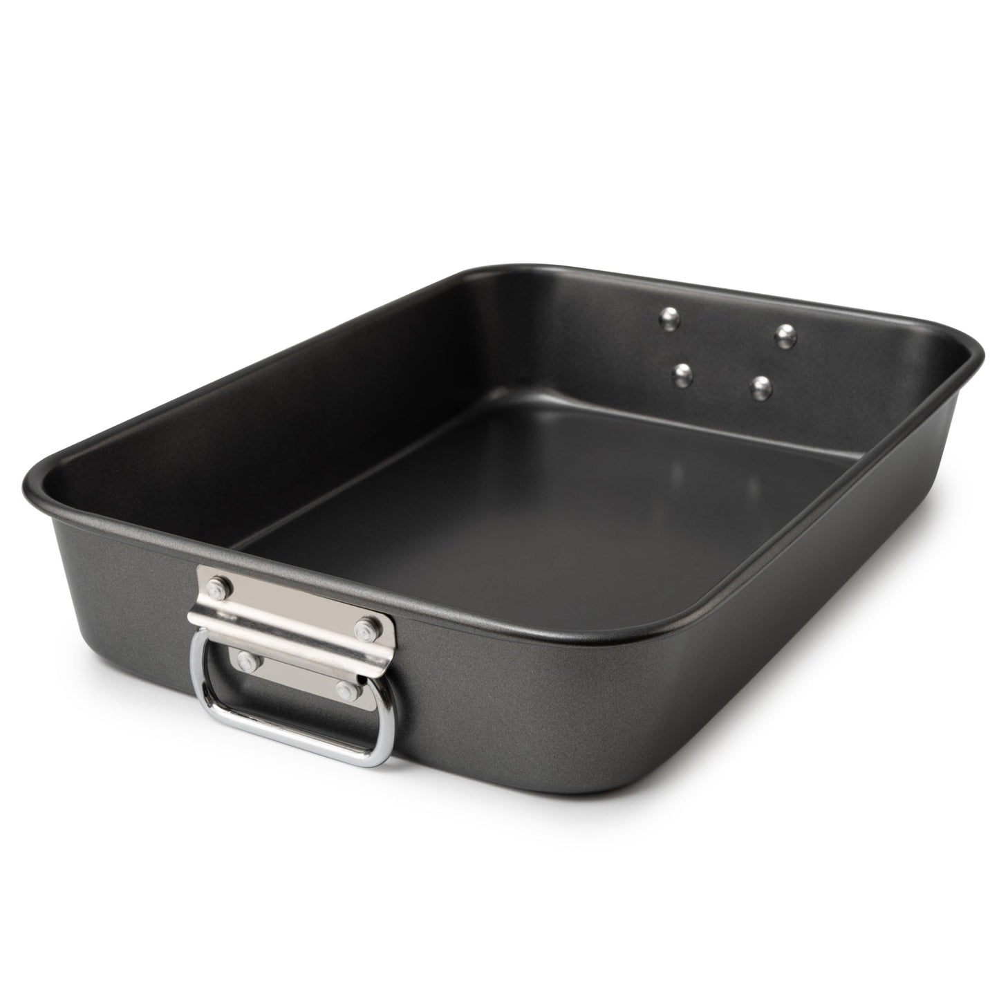 Non-stick roasting pan with handles measuring 38.1x25.4 cm, this heavy-duty square baker is PFOA/Lead/Cadmium free. The oven-safe rectangular cake pan is perfect for making brownies and lasagna, and can be used without power.