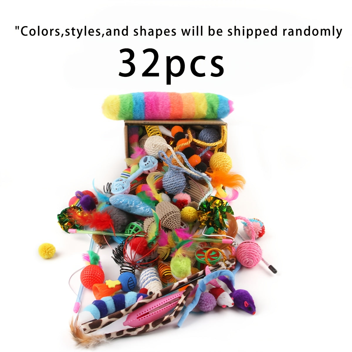 Mixed pack of 200/64/32/16 cat toys, including plastic and plush toys for multiple cats. Variety allows for different toys daily. Randomly shipped in various colors, styles, shapes, and