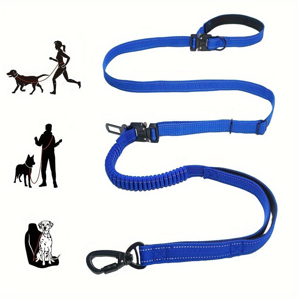 6-in-1 Hands-Free Dog Leash for Medium to Large Dogs - 3.05m, Striped Polyester, Full Metal Fittings, Safety Car Seat Belt, Shock Absorbing Bungee