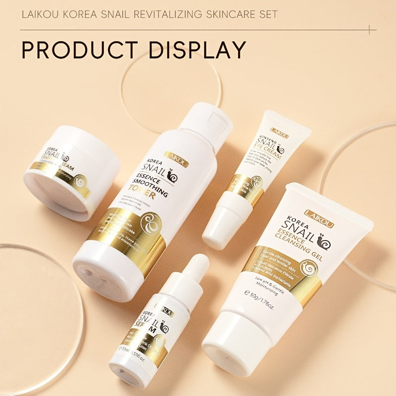 Korean Snail Revitalizing Skincare Set includes 5pcs & 10pcs; unisex adult skincare set with essence, serum, cleansing gel, and cream. Formaldehyde-free with glycerin for all skin types