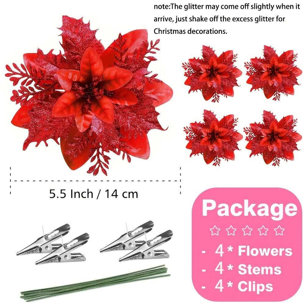 4 red artificial flowers at 5.5 inches for various occasions with 4 stems and clips included.