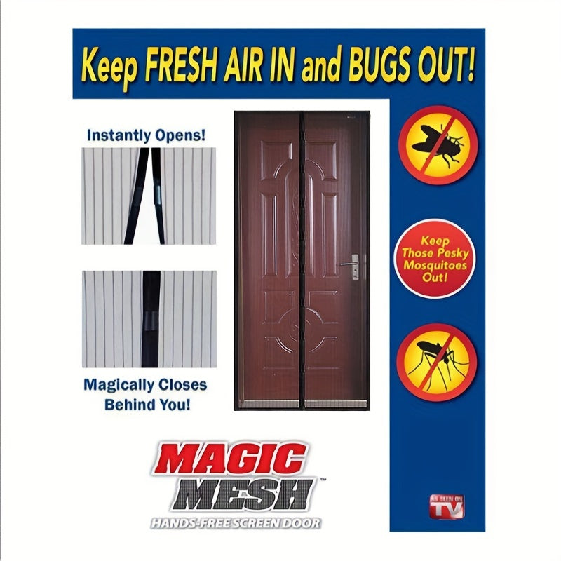 Black magnetic screen door measuring 80.01cm x 208.28cm, self-sealing and heavy-duty, keeps bugs out.