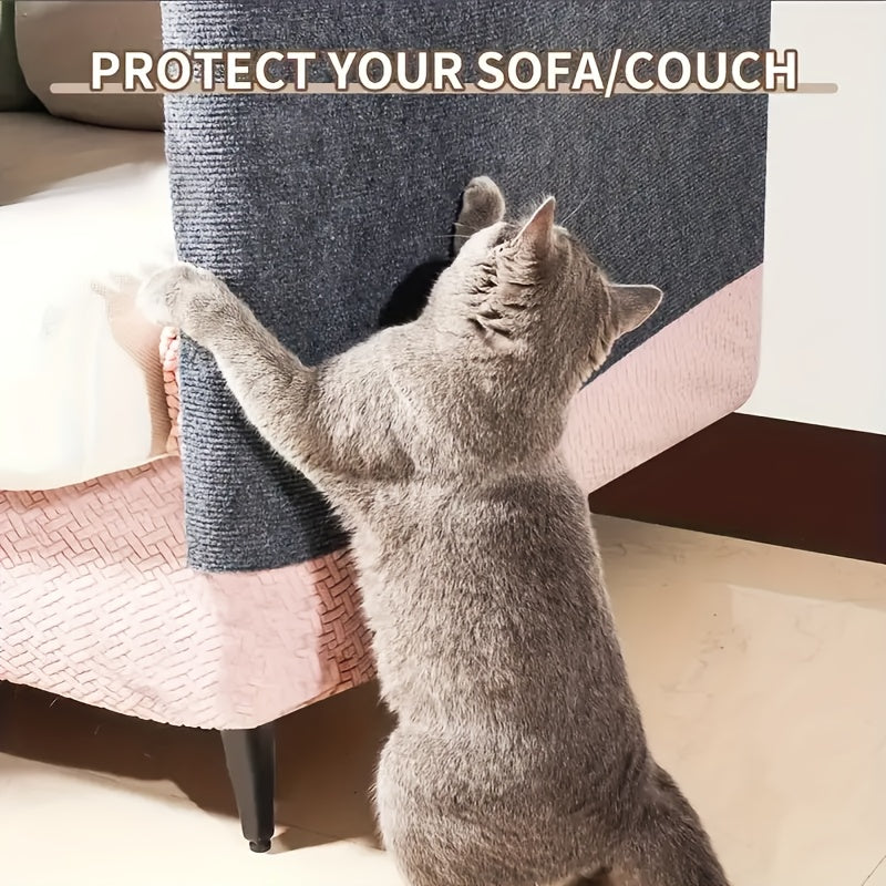 Durable self-adhesive cat scratching mat in gray protects sofas from claw damage, made of anti-dander polyester material.