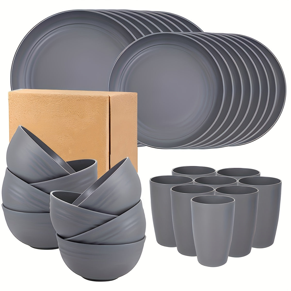 32 matte black plastic kitchen utensils for home and restaurant use, including dinner plates, dessert plates, bowls, and cups.