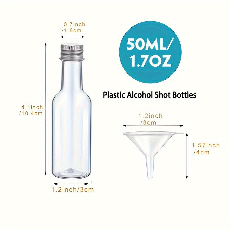 Choose from sets of 25, 50, or 100 mini liquor plastic bottles with lids and funnels, each holding 1.7oz/50ml. These compact, reusable, and leak-proof containers are perfect for cocktail parties, weddings, and gift baskets. Includes bottles for ginger