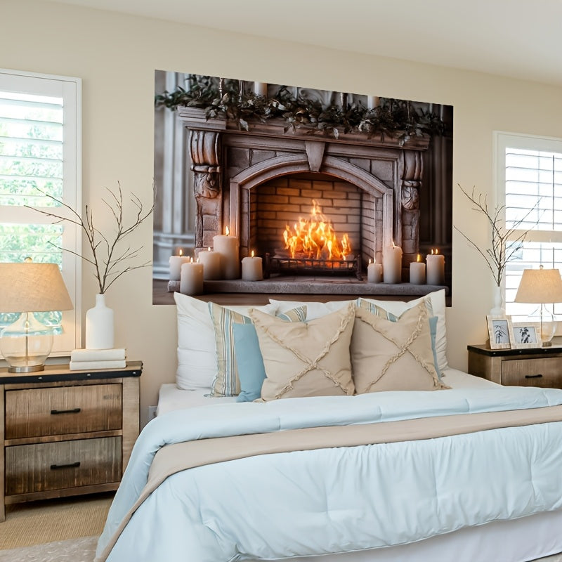 An authentic and inviting fireplace, complete with a backdrop of crackling firewood, perfect for enhancing living spaces, bedrooms, offices, party settings, and as a one-of-a-kind gift option.