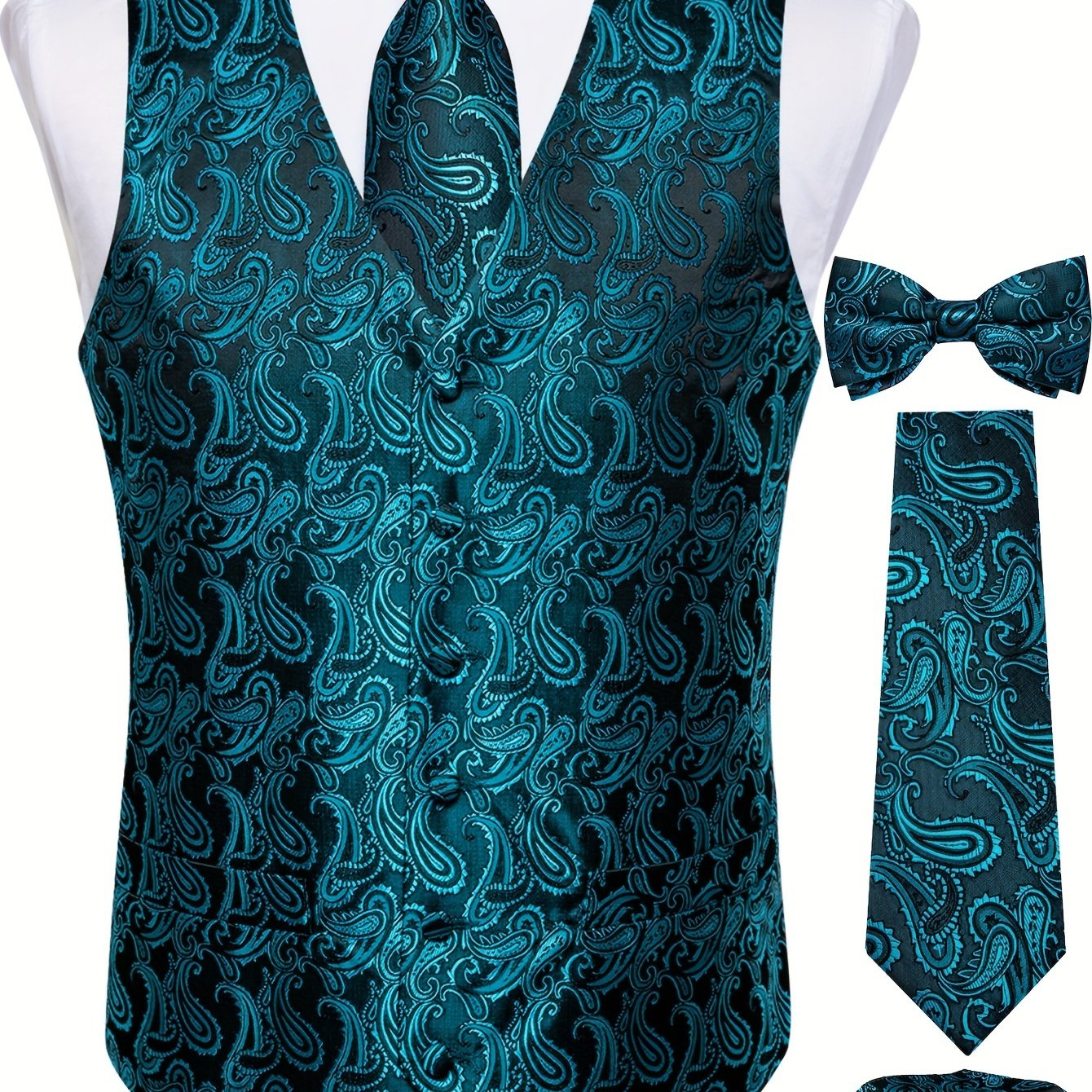 Plus size men's paisley suit vest set with tie, bow tie, pocket square, and cufflinks - perfect for parties.