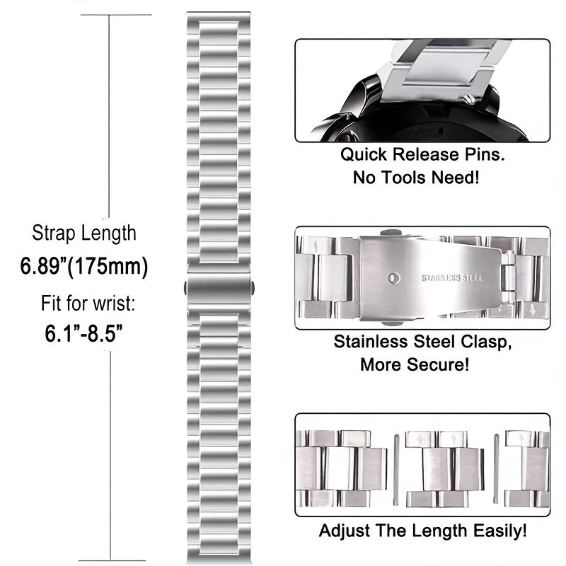 Stainless Steel Band in 20mm and 22mm, Compatible with Smartwatches and Traditional Watches