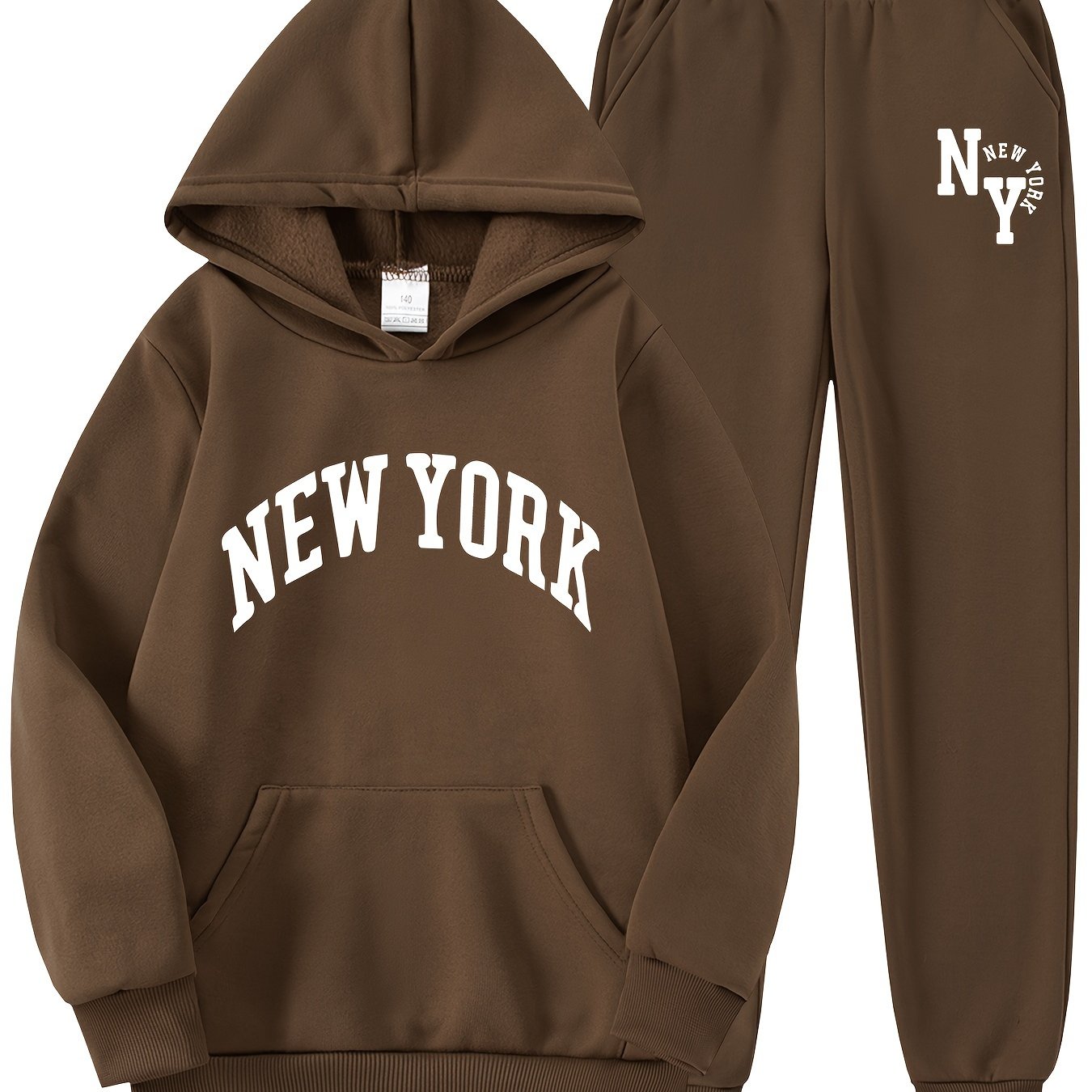 New York letter print hoodie and sweatpants set for kids. Made of casual polyester knit fabric with pockets. Slight stretch and regular fit for boys, girls, teens, and children. Ideal for