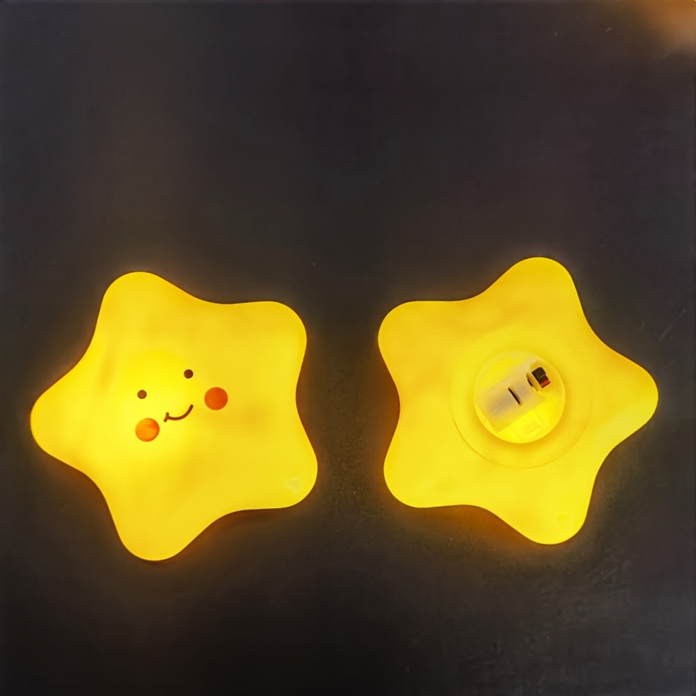 Star-shaped LED night light with cute smile expression, emits soft yellow glow, made of plastic and operates on batteries. Perfect for room decor.