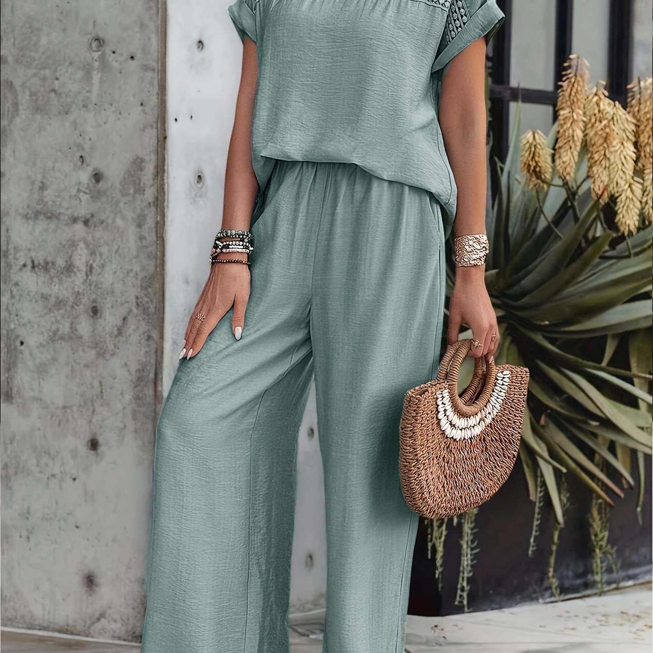 Stylish Solid Color Pants Set with Lace Detailing, Perfect for Spring & Summer Fashion for Women.