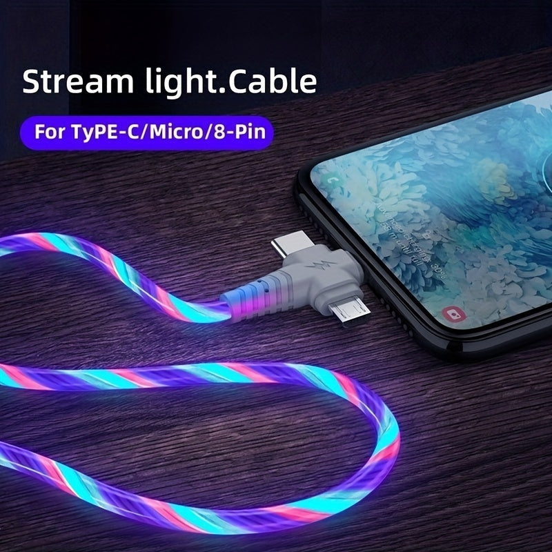 3-in-1 Flowing Glow Cable with 12W charger for iPhone and other devices, 10-20W input/output, made of PVC material with no data transfer, Brand Name.