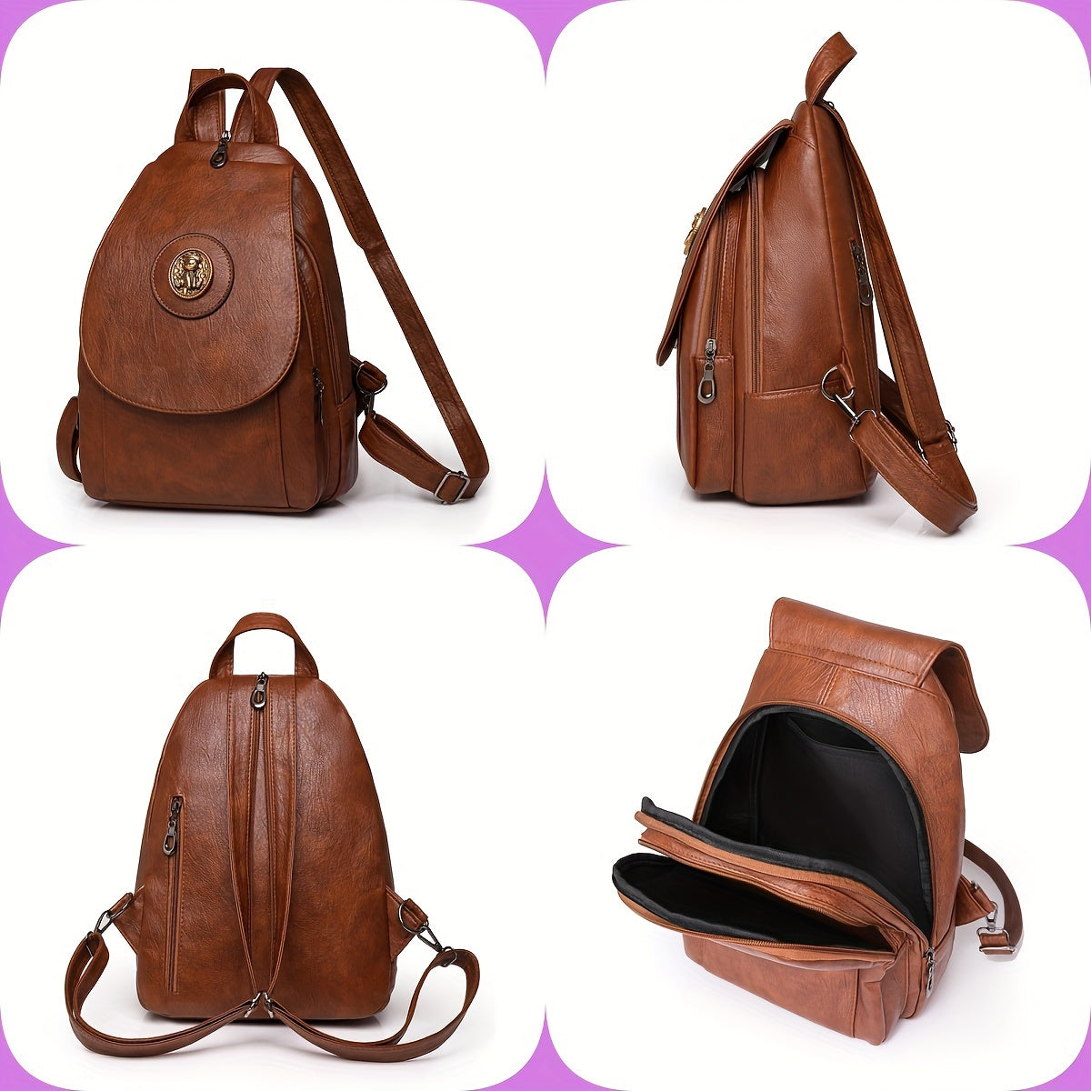 Women's retro-style synthetic leather backpack with adjustable straps, multiple compartments, magnetic closure, and denim design in brown, beige, or black for daily or work use.