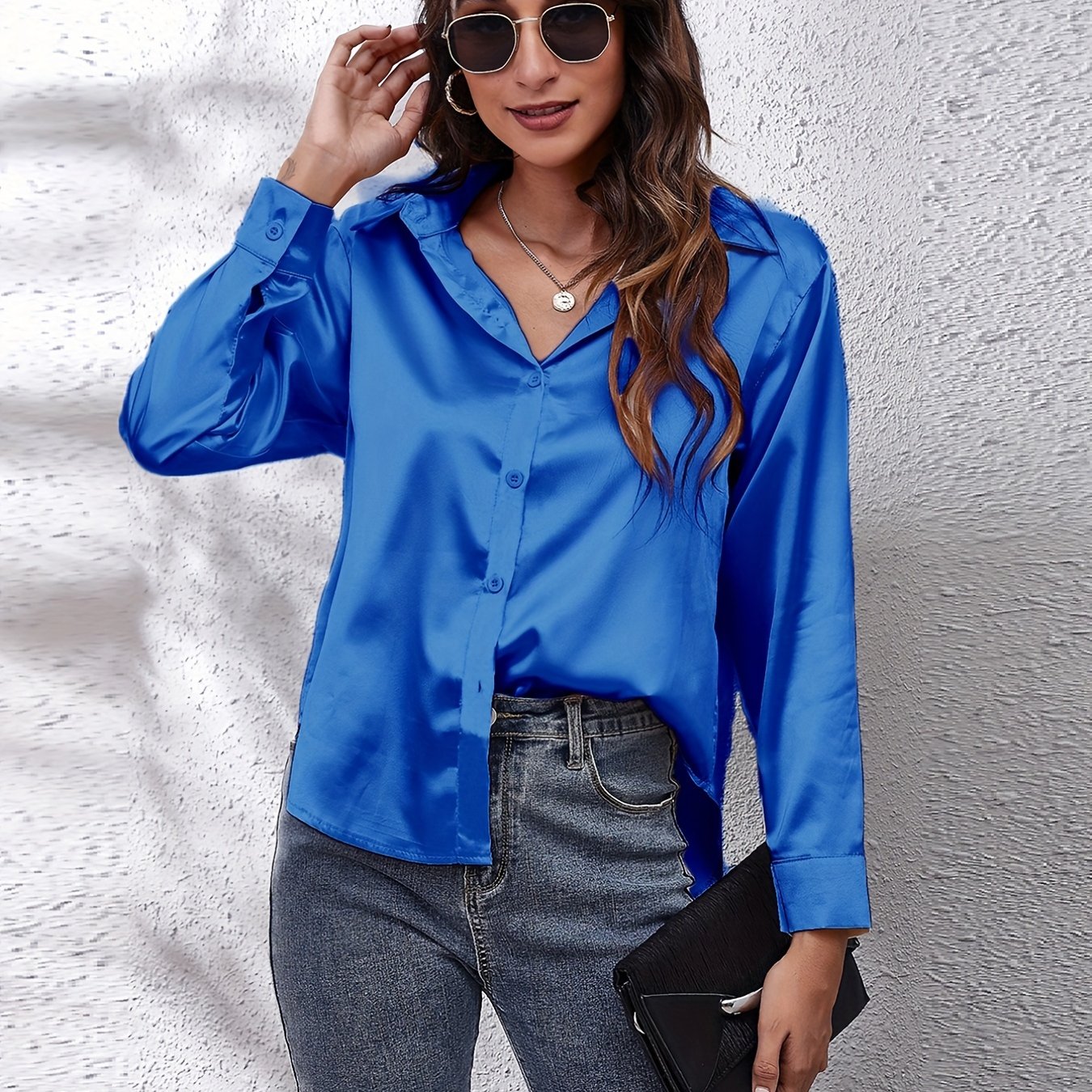 Women's Elegant Satin Shirt with Lapel Collar, Polyester, Solid Color, Regular Length, Single Breasted