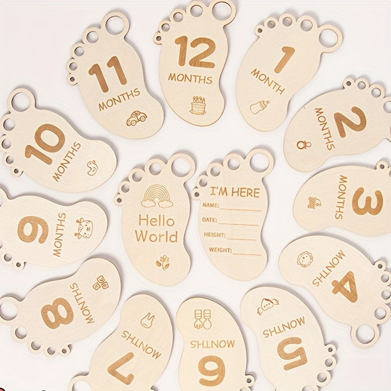 Set of 14 Wooden Footprint Milestone Cards for Monthly Photography Props, Full Moon Sign, Birth Board, and First Year Growth. Also includes Pregnancy Journey Milestone Cards, perfect for Youngsters's Gift Parties and holiday celebrations such as