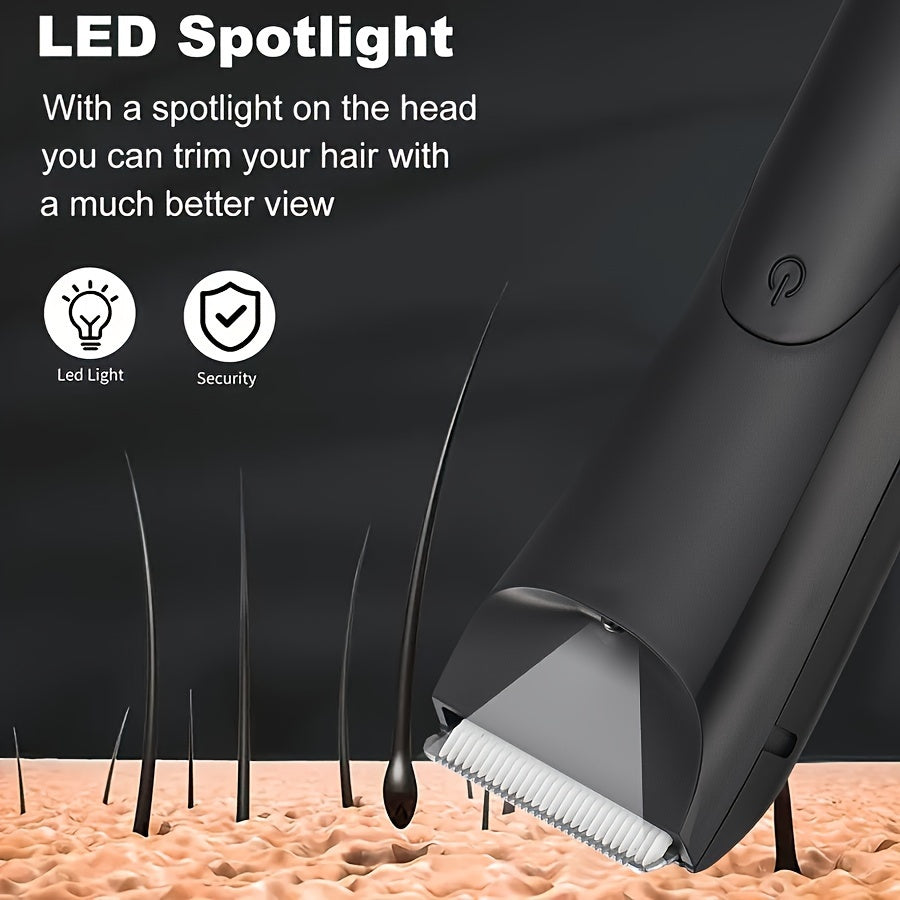 Electric trimmer for men's body and groin hair with ceramic blade head and USB rechargeable 500mAh lithium battery.