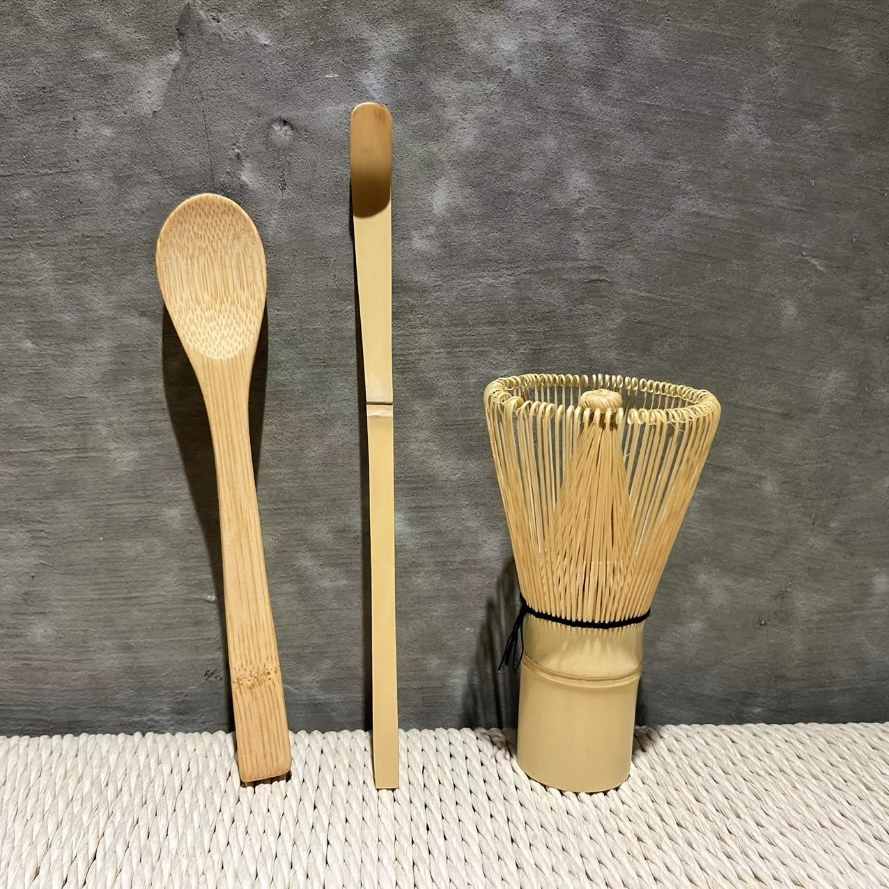 BambooWorx Tea Set includes 1 piece each of a Matcha Whisk, Traditional Spoon, and Teaspoon. This set is ideal for preparing traditional matcha cups and includes essential tea accessories.