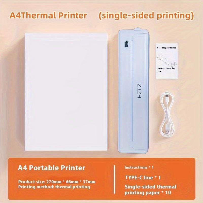 HZTZ A4 Portable Thermal Printer with wireless and USB connectivity, inkless monochrome output, supports various file types, high-definition printing, 2000mAh rechargeable battery