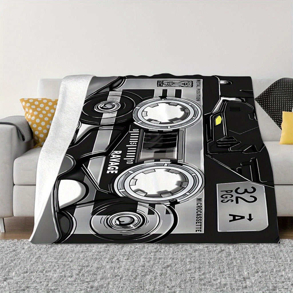 Flannel Fleece Throw Blanket with Retro Music Tape Player Design - Ideal for All Seasons, Suitable for Sofa, Bed, Travel, Camping, Living Room, Chair, and Napping - Perfect Gift for Music Enthusiasts, Features Digital Print on Polyester Material, Knitted