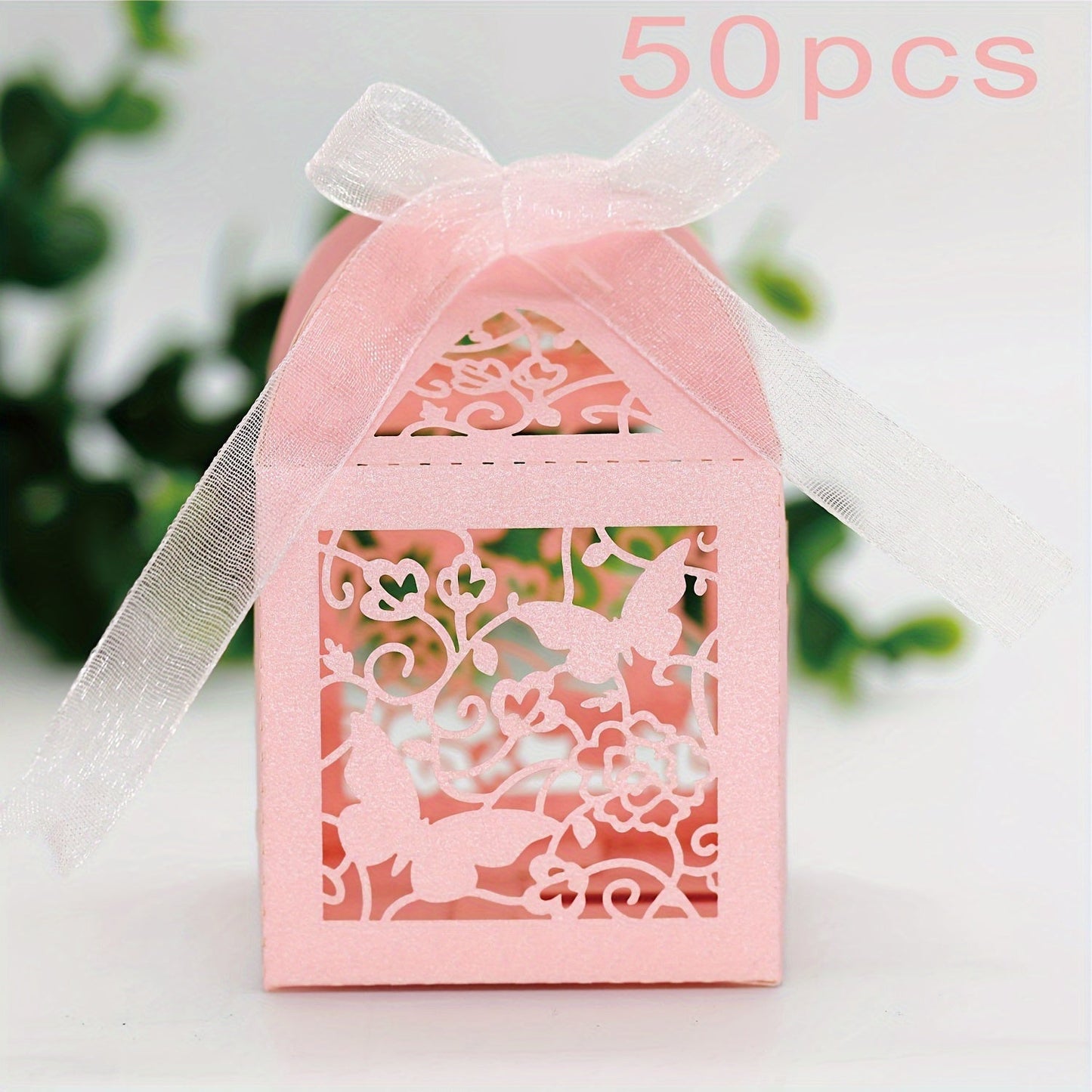 Laser Cut Candy Boxes with Pink Floral Butterfly Design - Set of 50 with Ribbons, Ideal for Weddings, Birthdays, and Bridal Showers