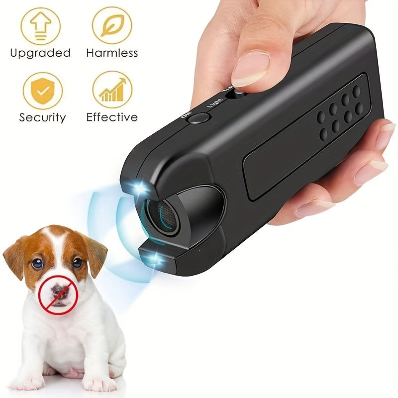 Portable ultrasonic device repels dogs and controls barking with LED light.