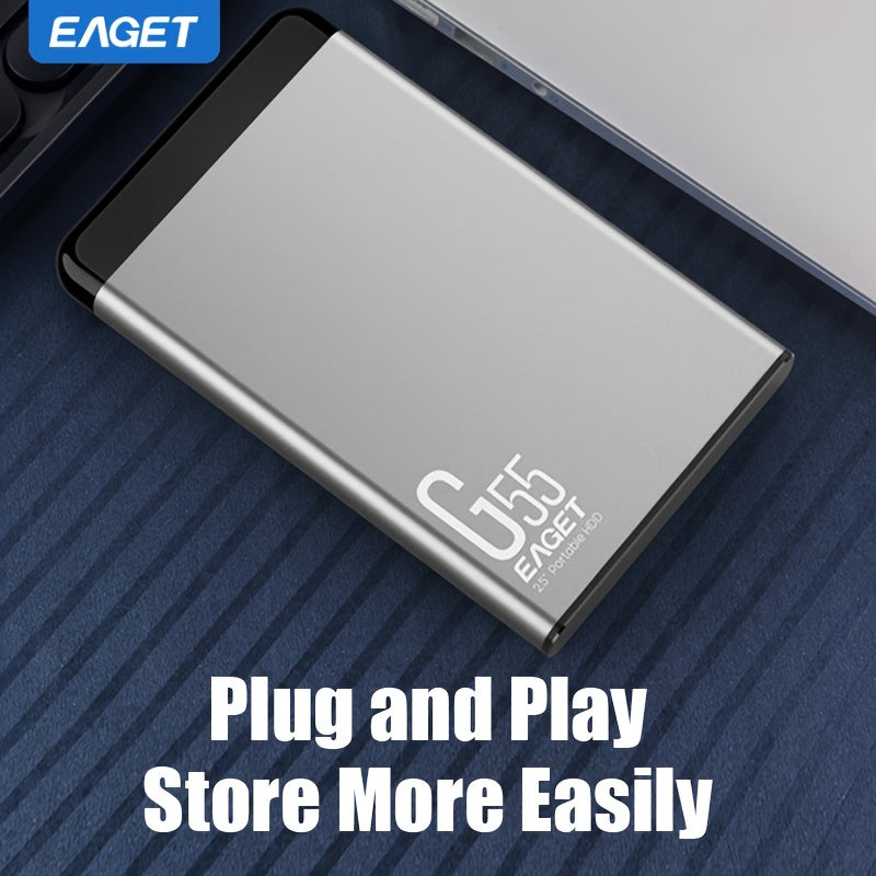 EAGET portable high-speed external hard drive with large capacity, suitable for games, files, videos, and music.