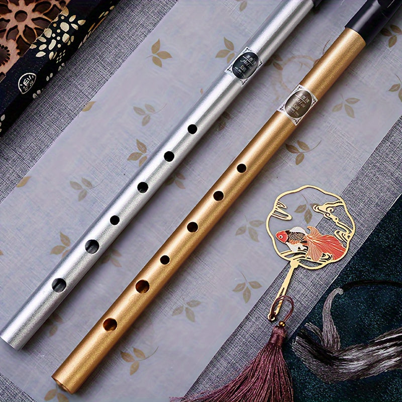 Beginner-friendly Irish tin whistle in C/D key, aluminum alloy with golden finish, straight vertical wind instrument.