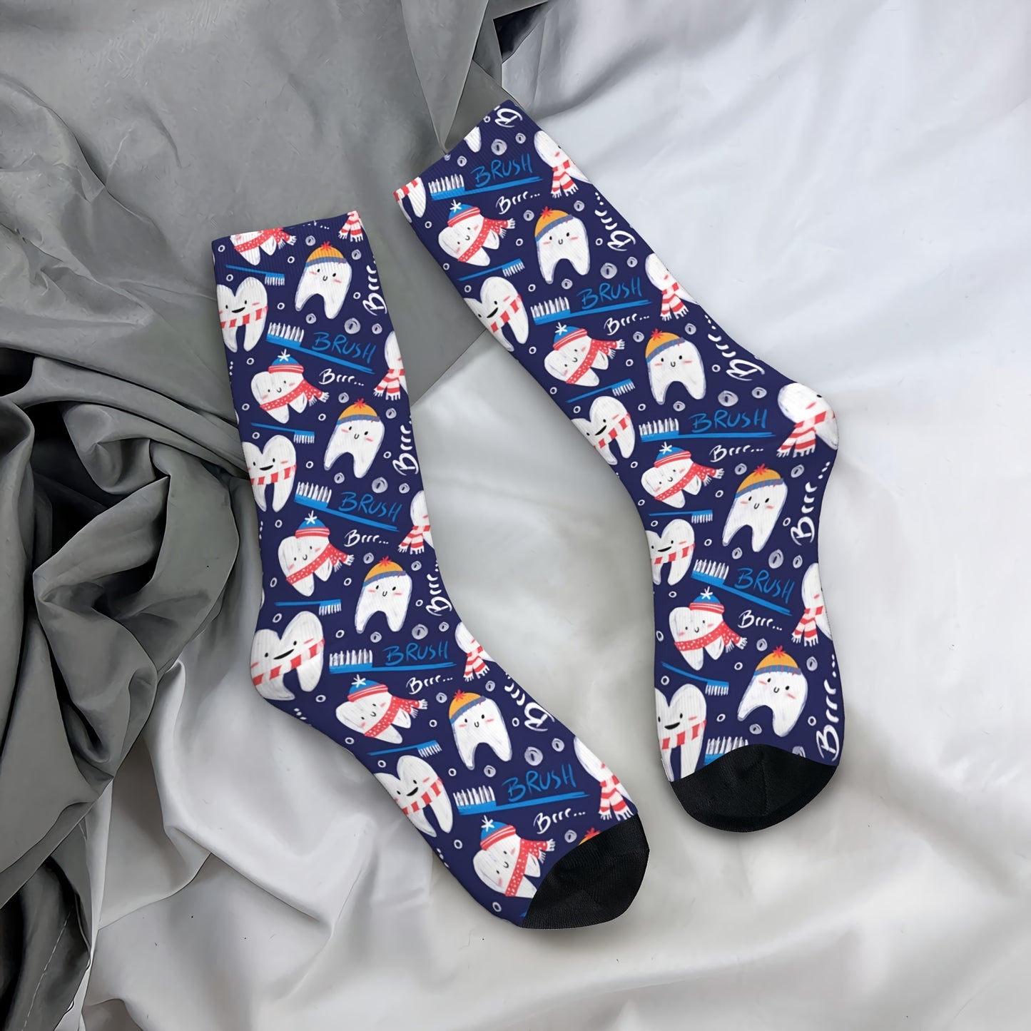 Novelty crew socks with 3D teeth print for all seasons- breathable and comfortable fit.