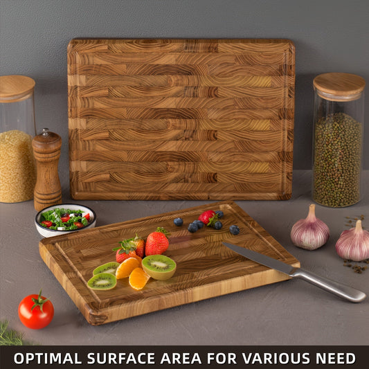 Multipurpose Kitchen Cutting Board made of Teak Wood with End Grain, Butcher Block, and Chopping Board Features, including Juice Groove and Inner Handles