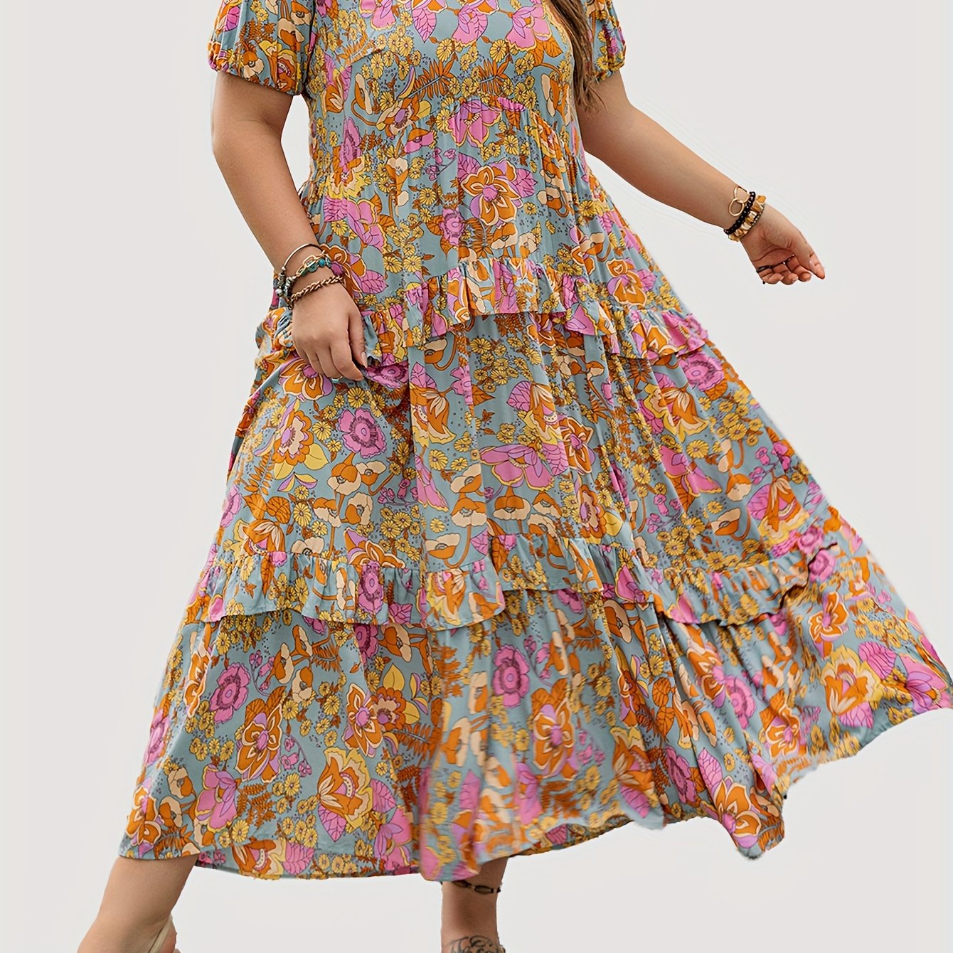 Rusttydustty Boho Chic Modern Bohemian Summer Dress with Lotus Powder Charm, Pleated Skirt, Ruffles, and V-neck. Available in Multi-color Options, Perfect for Weekend Vacation or Seaside