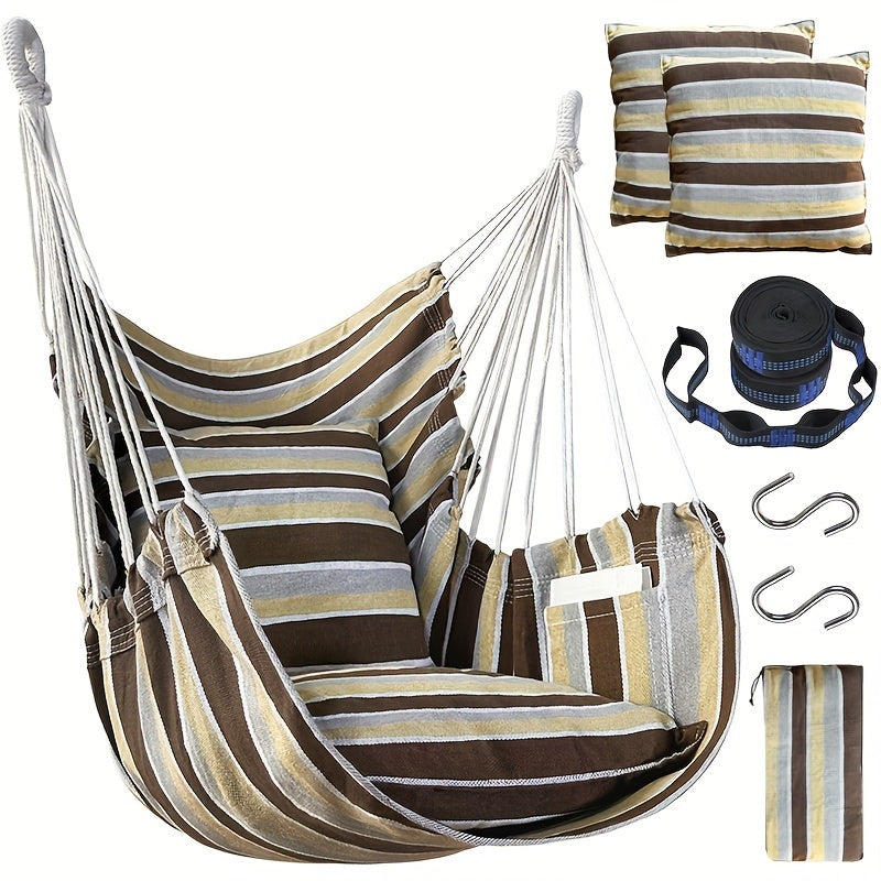 The package includes a hammock chair, two thick cushions, two 1.5-meter straps with 5 loops and 1 buckle, two climbing S-hooks, and a canvas storage bag. High-end configuration for export