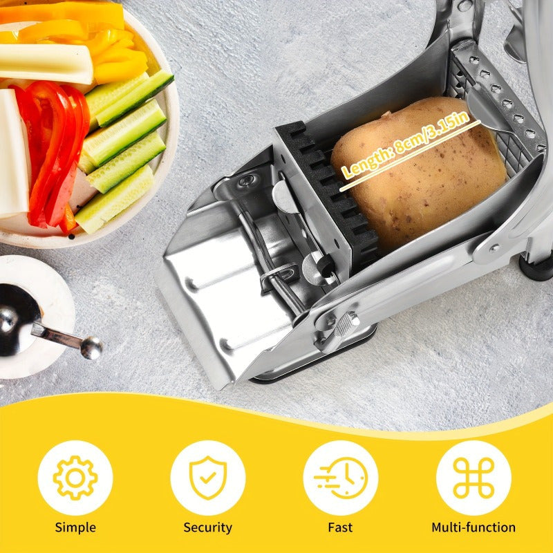 No electricity needed for this multifunctional stainless steel French fry cutter and manual potato dicer with 2 blades. This cast iron kitchen utensil is perfect for cutting vegetables and fruits.