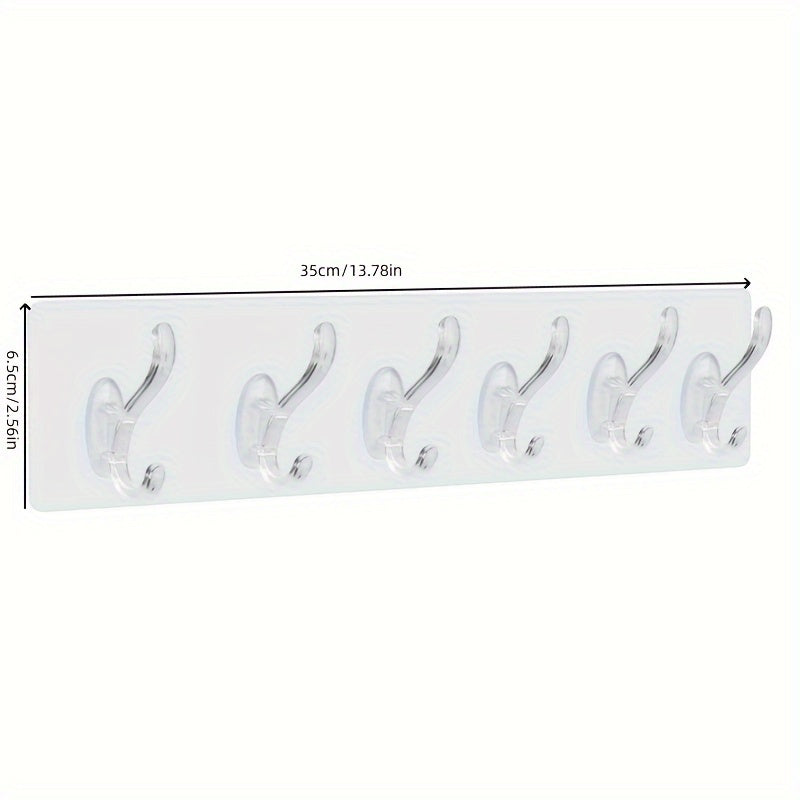 1 piece of No-Drill Row Coat Hooks, including Six-In-One and Three-In-One Transparent Adhesive Hooks for Hanging Clothes and Hats.