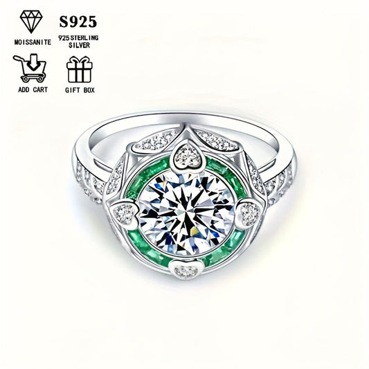 Luxurious Royal Style 2 Carat Moissanite Engagement Ring for Ladies, made with 925 Sterling Silver, adorned with Heart Accents, featuring a Round Gemstone. This Hypoallergenic S925 Wedding Band makes a perfect Anniversary Gift that comes with a Gift Box.