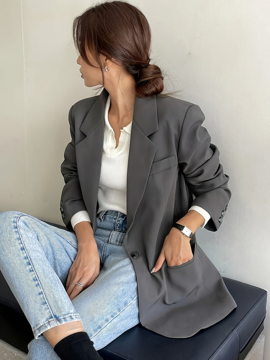 Women's Classic Single-Breasted Blazer made of 100% polyester with elastane lining. Solid color with long sleeves and regular length. Features an H-contour fit, woven fabric, 180gsm weight