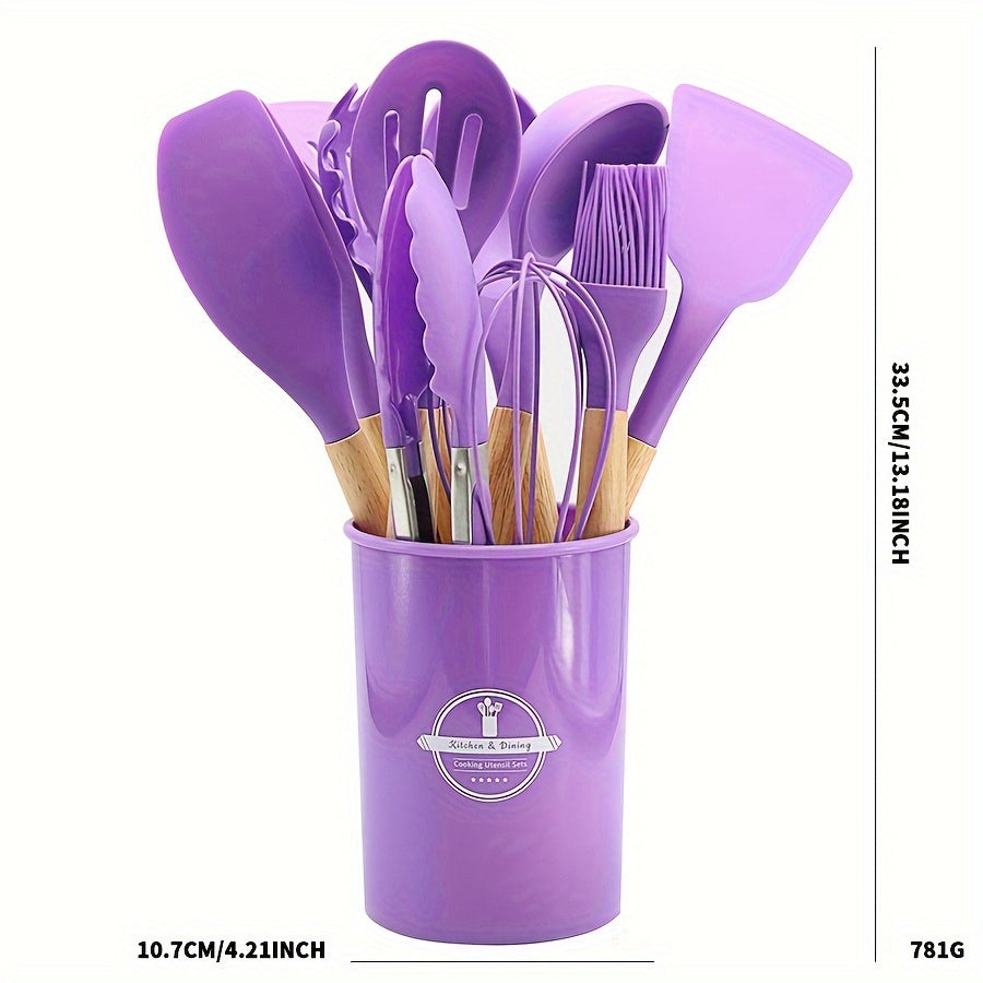 Set of 11/12 pieces Kitchenware with Wooden Handles, including Silicone Non-stick Pot, Cooking Shovel, Spoon, Storage Bucket, and Non-stick Shovel. An essential collection of high-quality kitchen utensils and items.