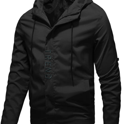 Men's all-season sports jacket with hooded zip-up design, made of 100% polyester fabric. Features embroidered details, regular long sleeves, and a lightweight 133g/m² woven fabric.