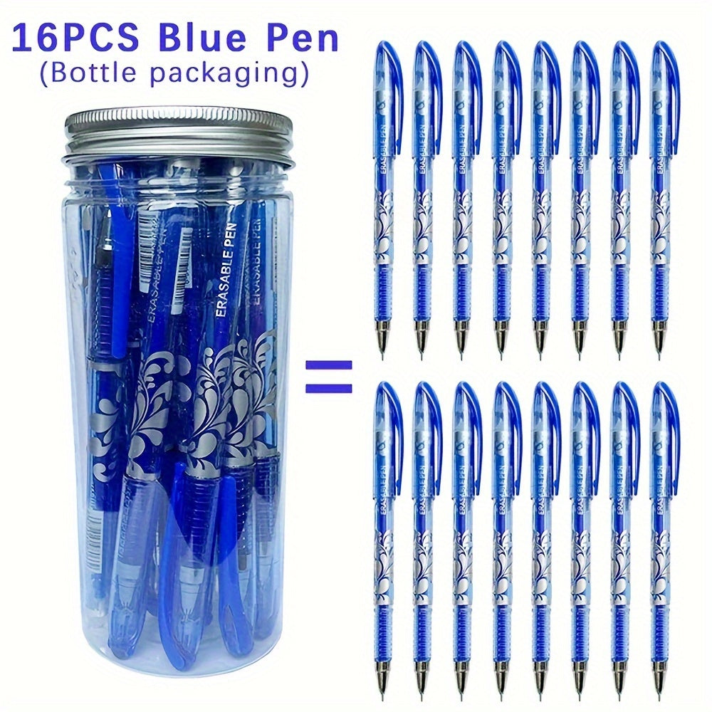 16 erasable gel pens with a 0.5mm tip in 6 colors, stored in a creative bottle for students and office use.