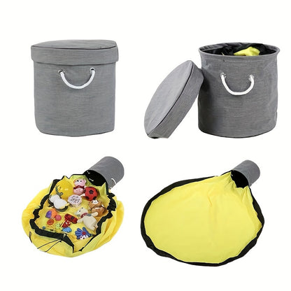 Toy storage basket and play mat that doubles as a quick storage bag for toys, featuring a durable design with drawstring closure and zipper lids for easy organization in the home.