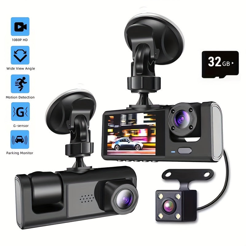 Vavupo 3-camera dash cam records front and interior in 1080P with G-sensor, night vision, and wide-angle for driving safety.