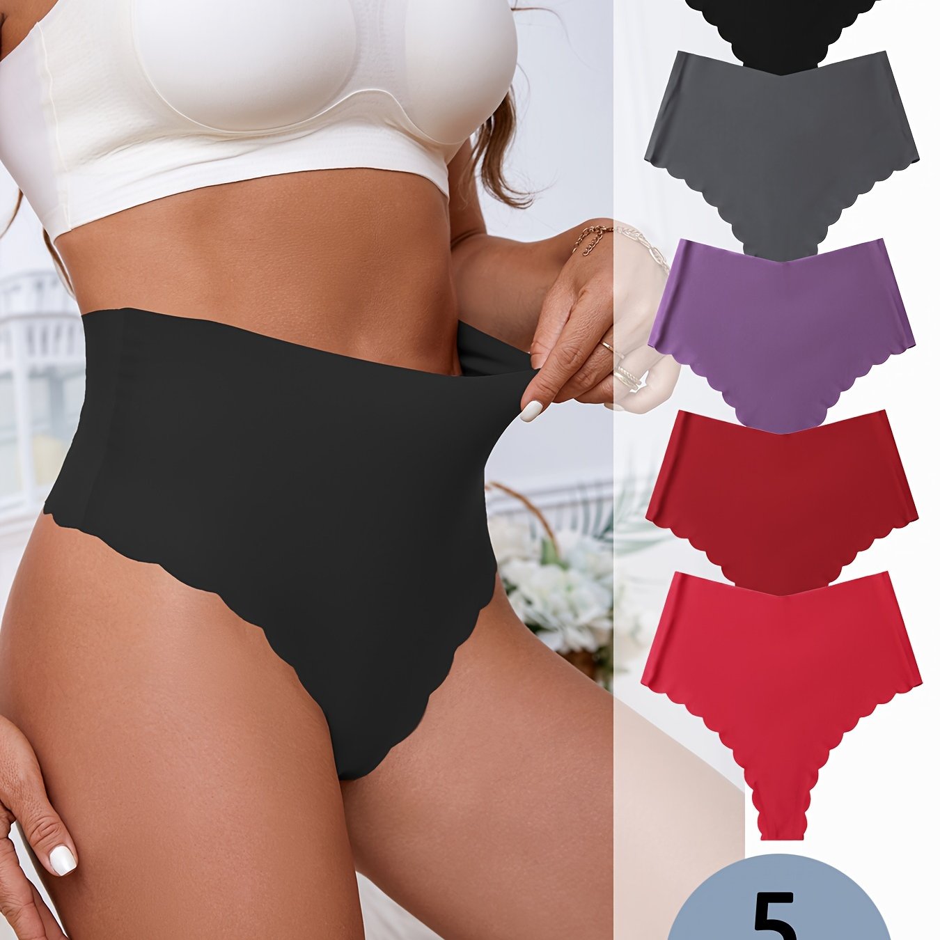 5 Simple High Waist Seamless Scallop Thongs, Soft & Stretchy Women's Underwear