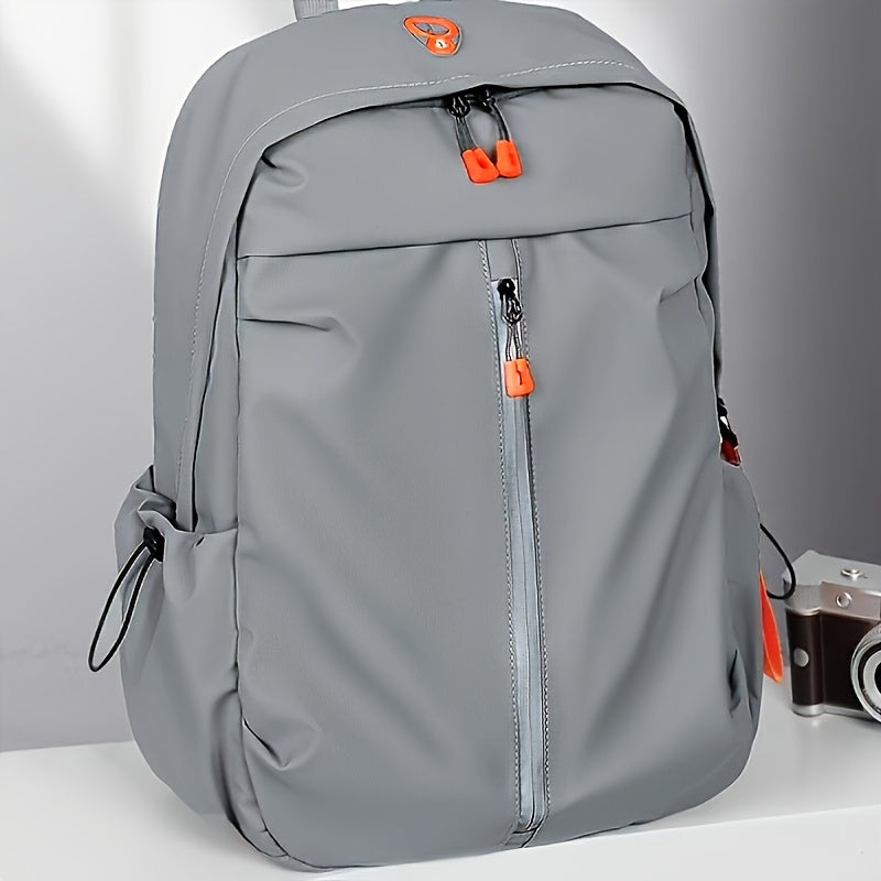 Men's light gray backpack made of stylish polyester with zippered compartments, adjustable straps for school and outdoor travel.