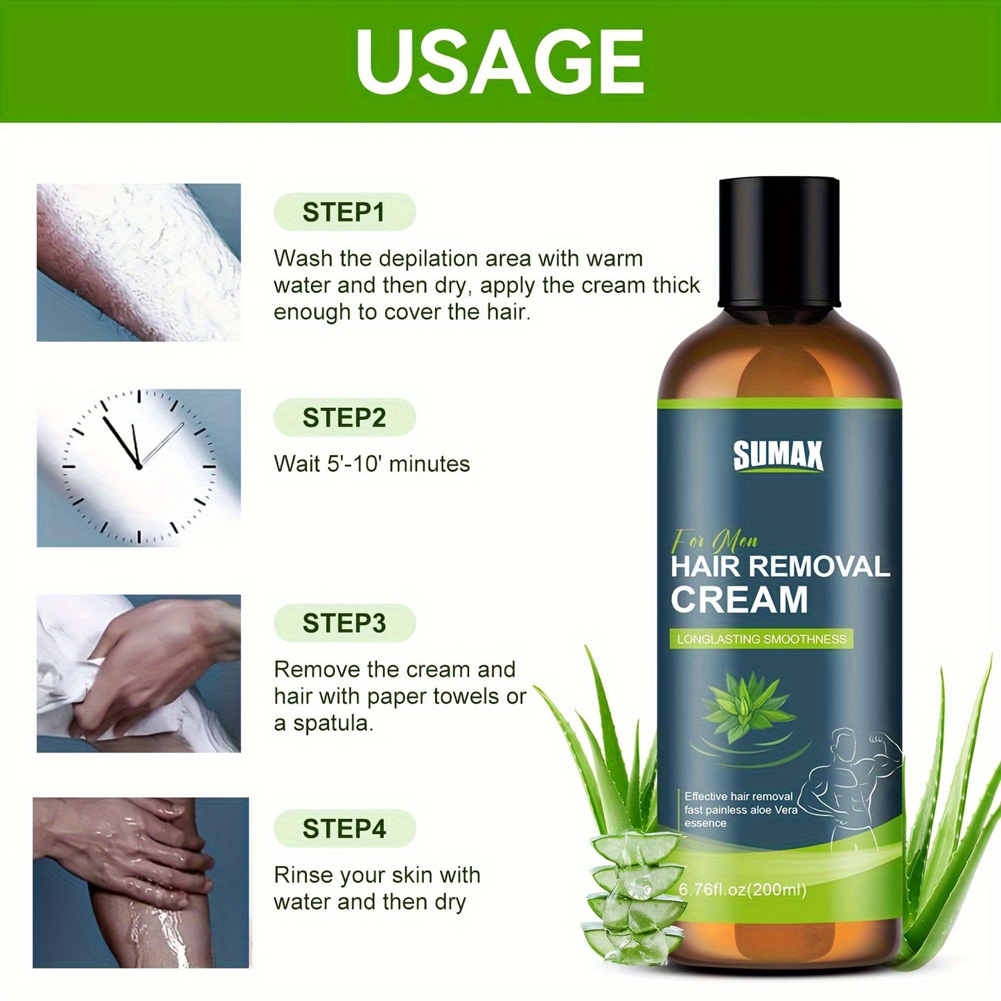 6.76 fl.oz SUMAX Aloe Vera Hair Removal Cream for Men - Gentle, Effective, Alcohol-Free, Natural Extracts, Smooth Skin, Body & Underarm Use