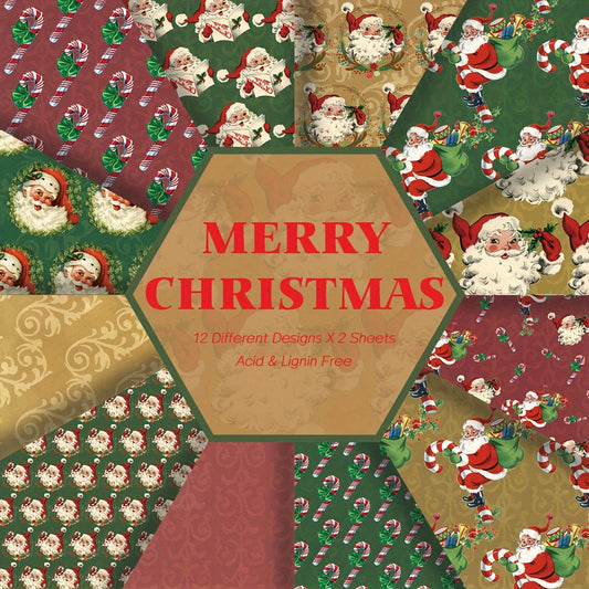 24 pieces of vintage Christmas pattern paper available in 12 different styles, each measuring 15.24x15.24 cm. Perfect for DIY art projects, scrapbooking, origami, junk journaling, decorating, and creating Santa Claus lollipops. Ideal for Christmas gifts